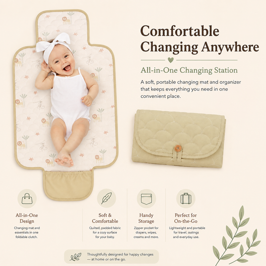 Baby lying on a soft quilted portable changing mat beside the folded beige changing clutch.