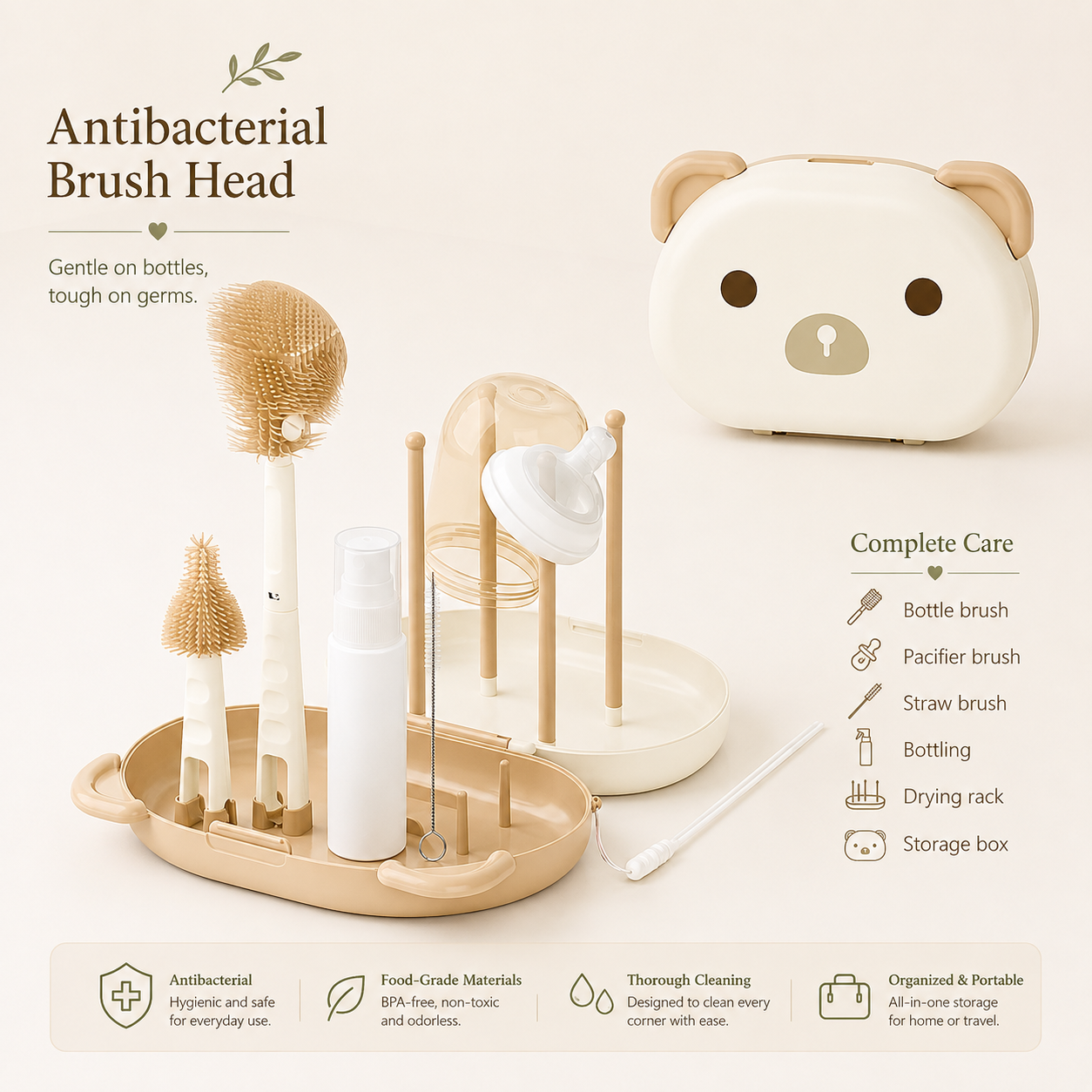 A portable bottle cleaning brush set with a bear-shaped storage box, shown with multiple brush heads, wooden stand holders, a small spray bottle, and a clear tube on a warm cream background. Text on the image highlights antibacterial features and included care items.