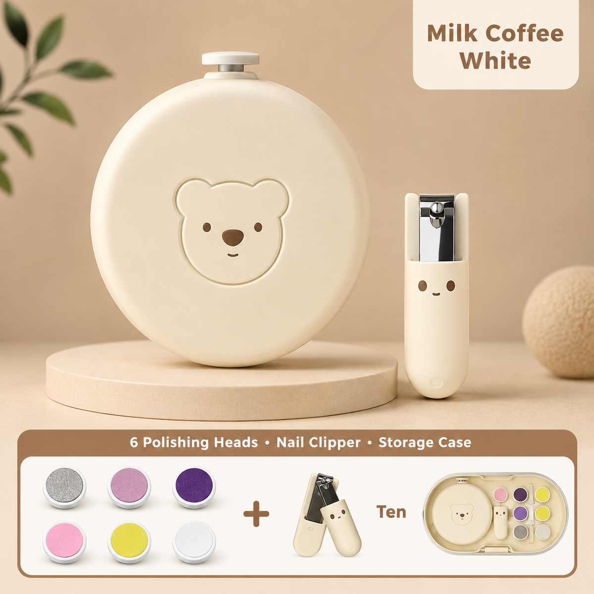 Cream-colored nail care set with a bear-face storage case, nail clipper, and six polishing pads, labeled 'Milk Coffee White' on a warm beige background.