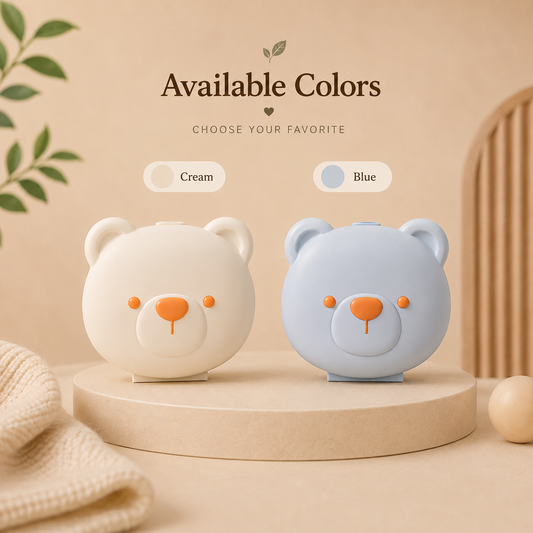 Bloom & Bear baby nail trimmer kit available in cream and blue bear-shaped travel cases.