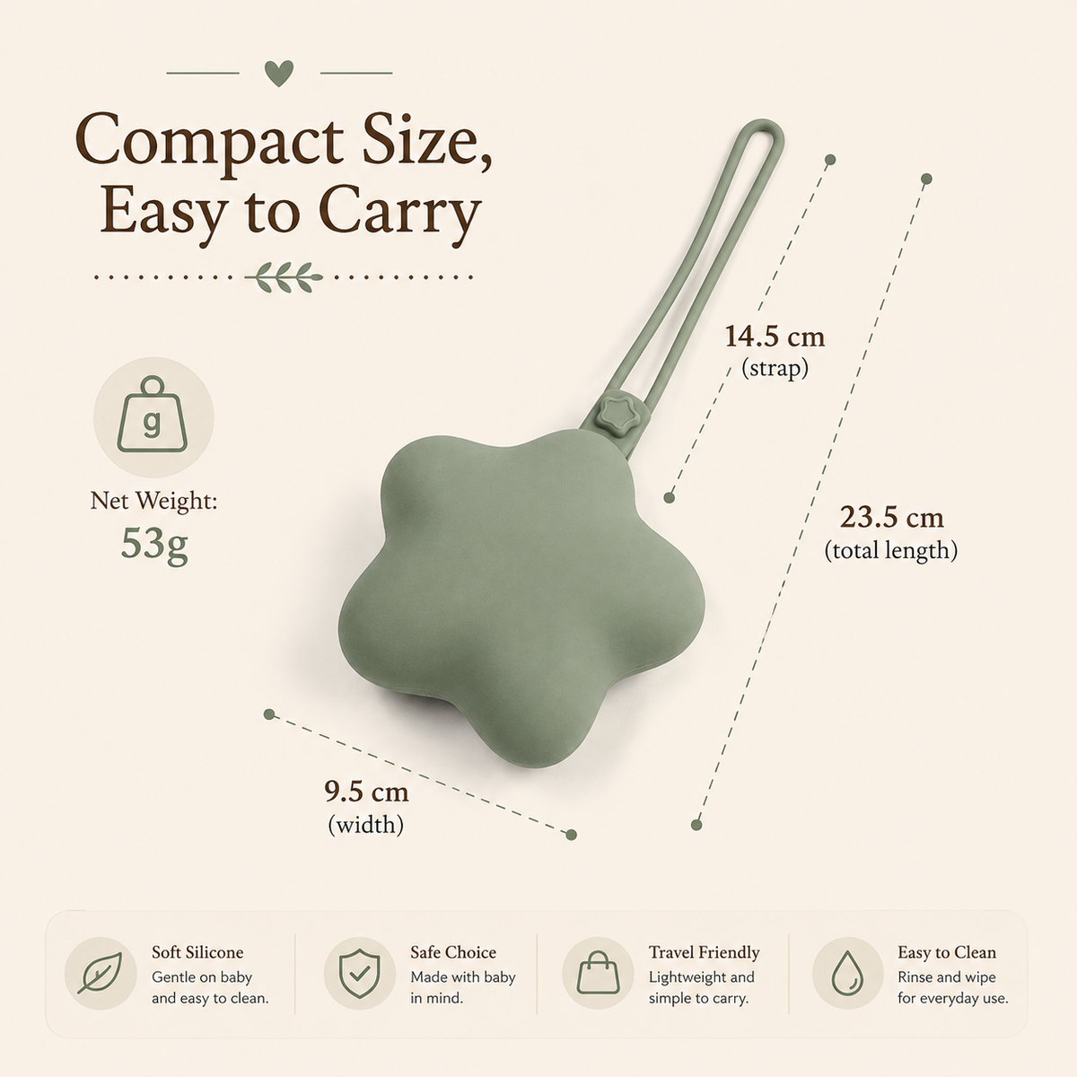 Sage green star-shaped silicone pacifier case showing its compact dimensions, 23.5 cm total length, 9.5 cm width and 53 g weight.