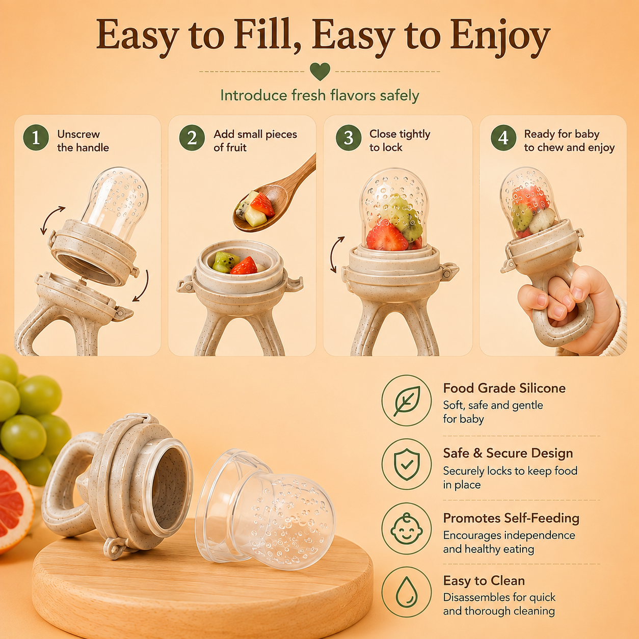Infographic showing a silicone baby fruit feeder with four steps to open the feeder, add small fruit pieces, close it securely and prepare it for baby to enjoy.