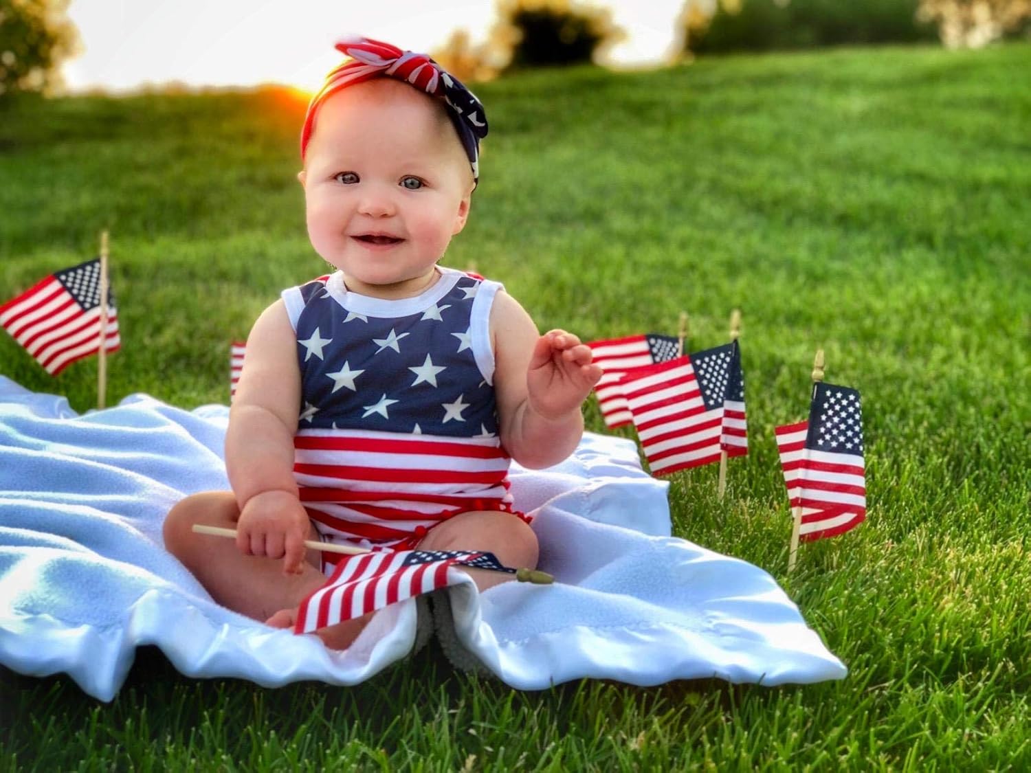 4Th of July Toddler Baby Girl American Flag Tassel Romper with Headband