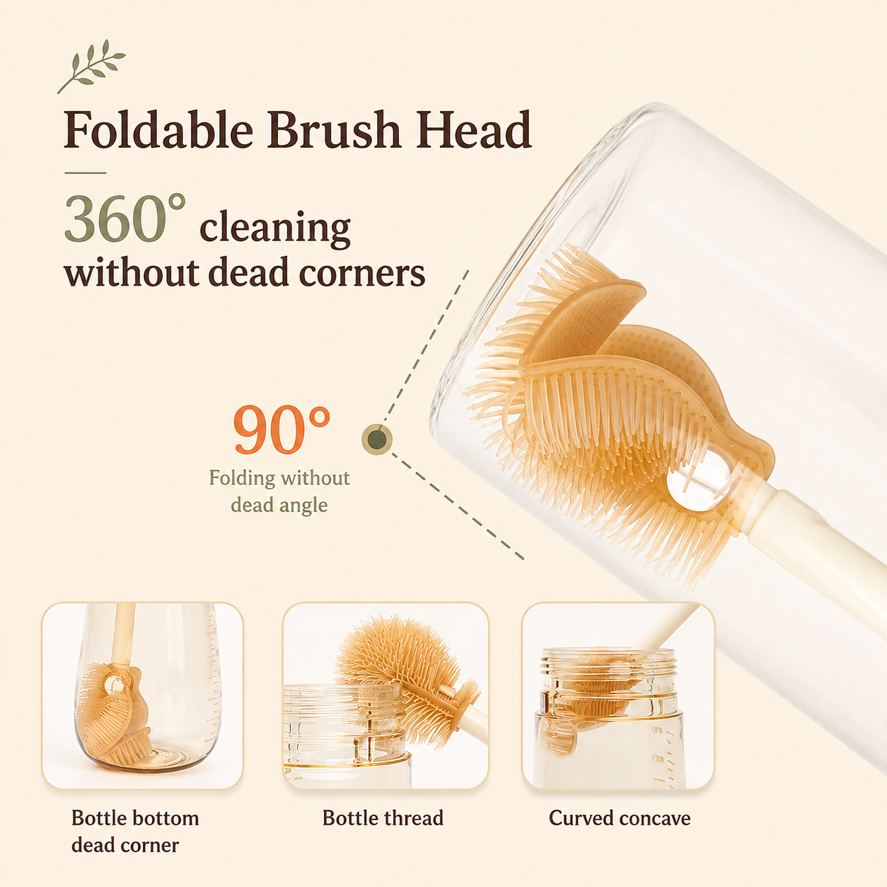 Flexible 90-degree silicone bottle brush head for cleaning bottle corners and curves