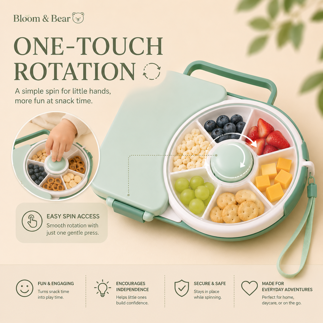 One-touch rotating snack tray designed for little hands to encourage independent snacking.