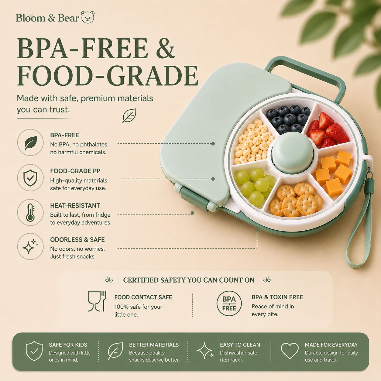 BPA-free food-grade toddler snack container made for safe everyday use.
