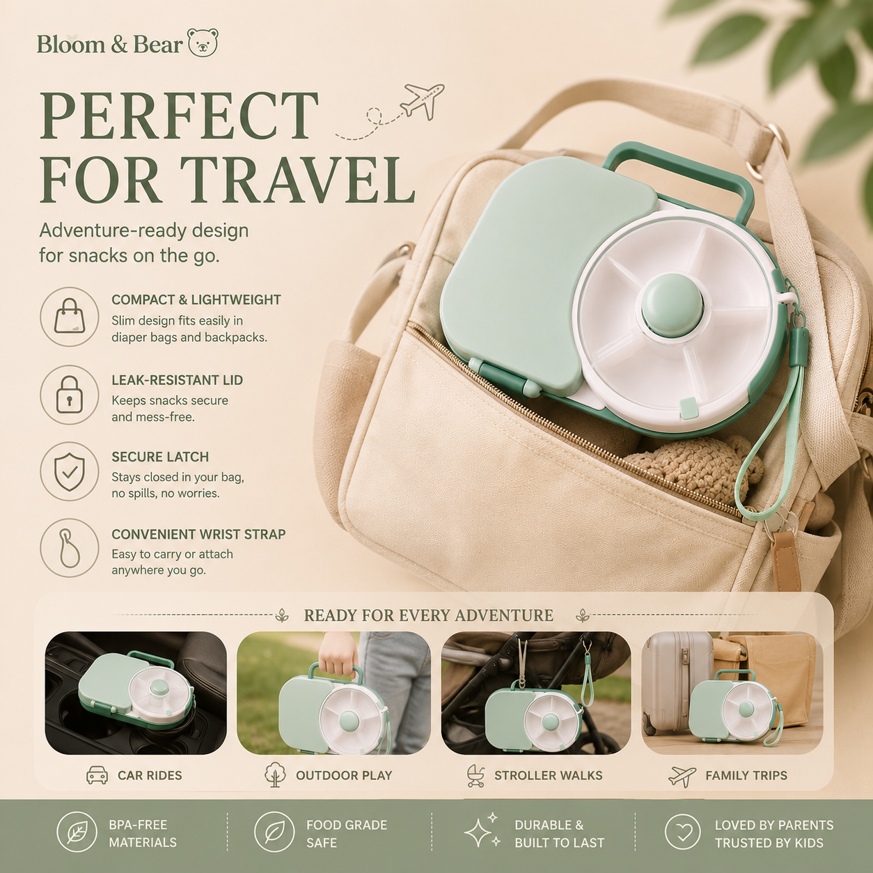 Portable toddler snack spinner that fits easily into diaper bags, backpacks and stroller organizers.
