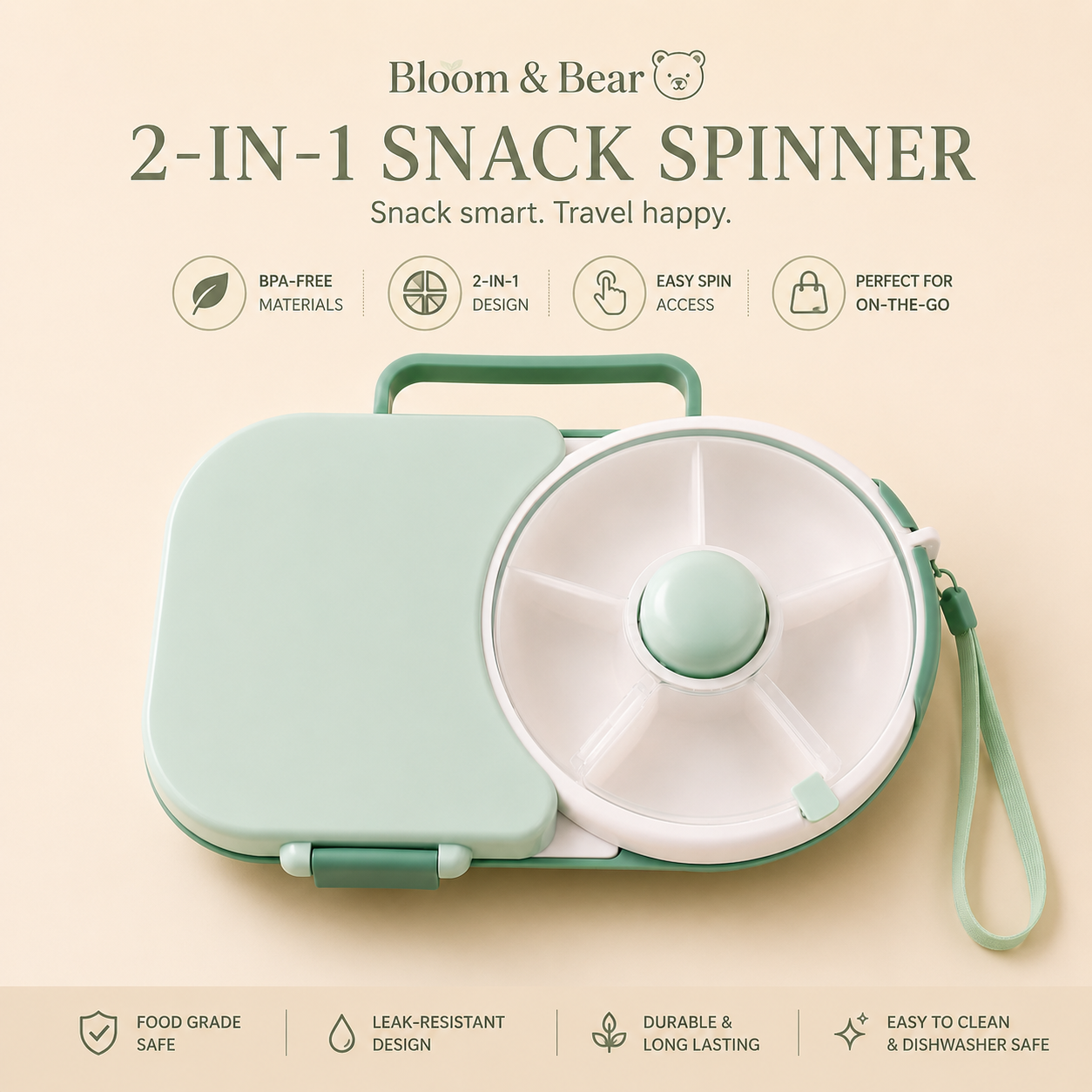 2-in-1 toddler lunch box with removable rotating snack spinner for everyday adventures.