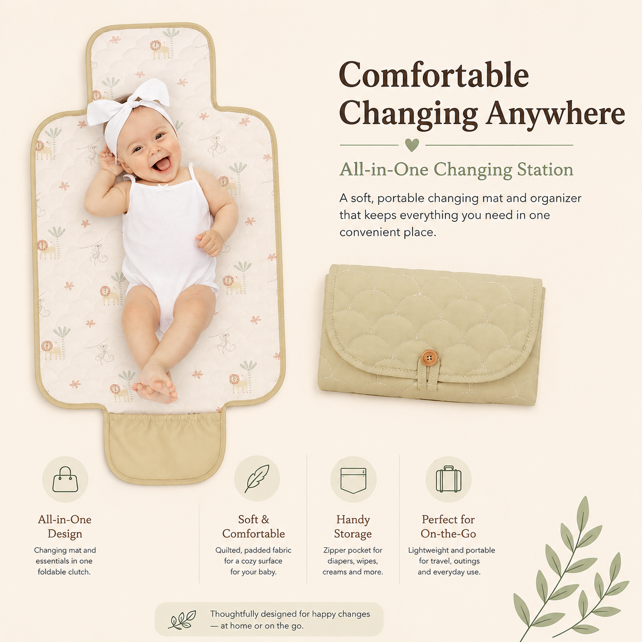 Baby lying on a soft quilted portable changing mat beside the folded beige changing clutch.