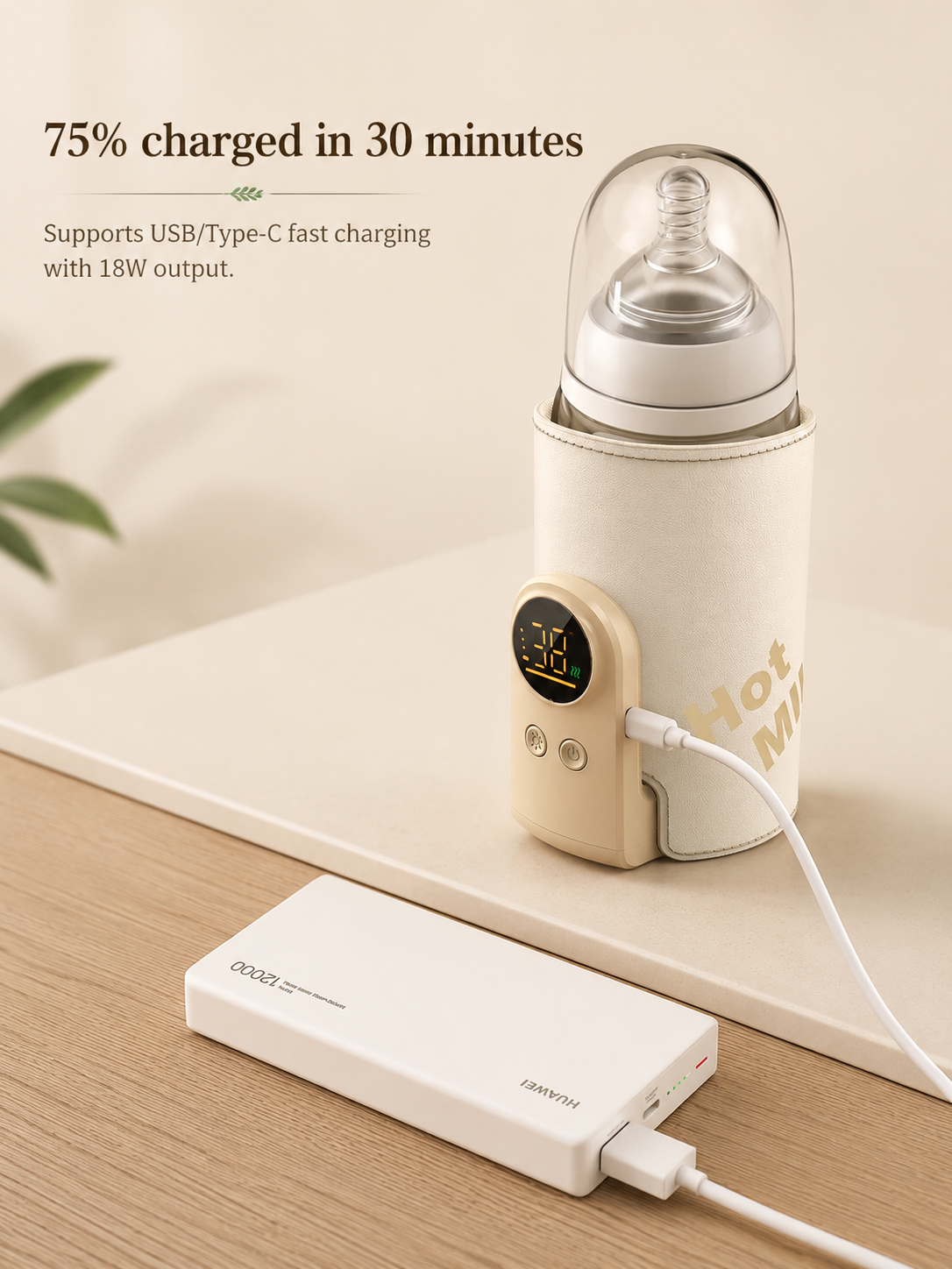 Fast Charging: Portable baby bottle warmer charging via USB Type-C cable