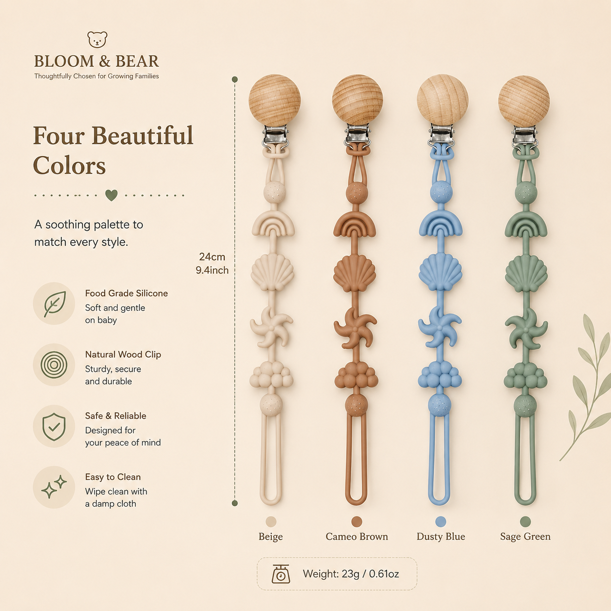 Four silicone and wooden pacifier clips in beige, cameo brown, dusty blue and sage green, showing a 24 cm length and 23 g weight.