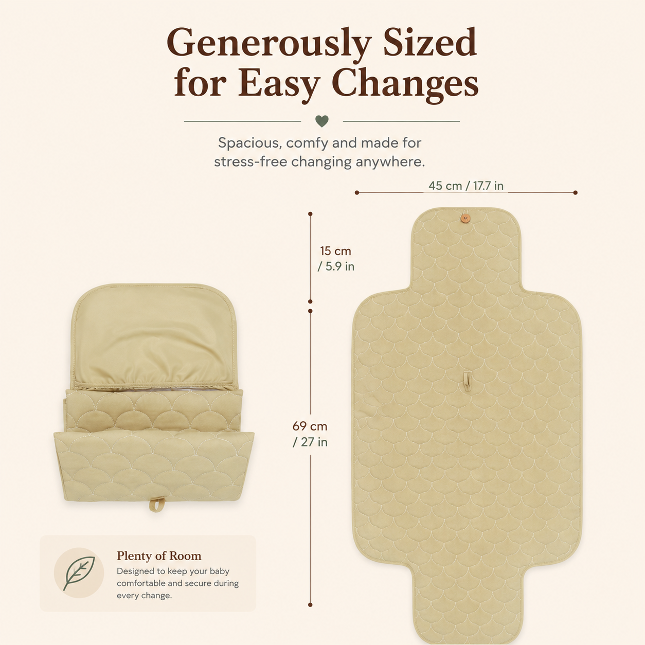 Open foldable baby changing mat showing its full 45 cm by 69 cm size and built-in storage section.