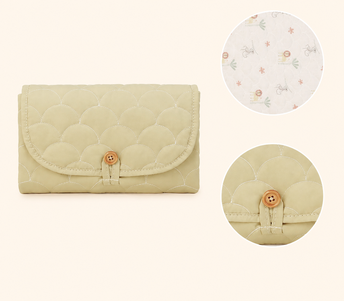 Foldable baby changing mat in a quilted beige clutch with soft printed lining and button closure.