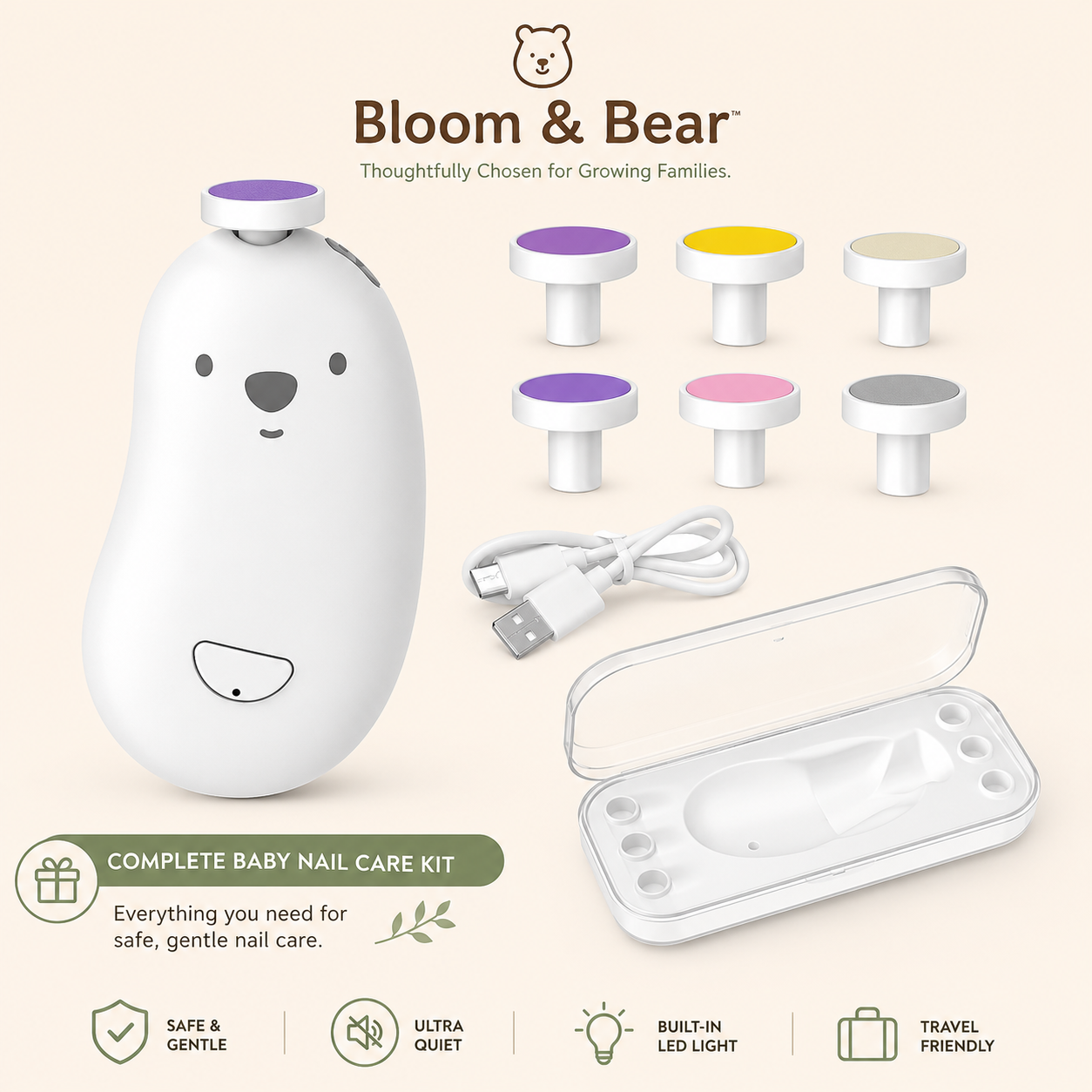 Rechargeable Baby Nail Trimmer Kit with USB charging cable and travel case