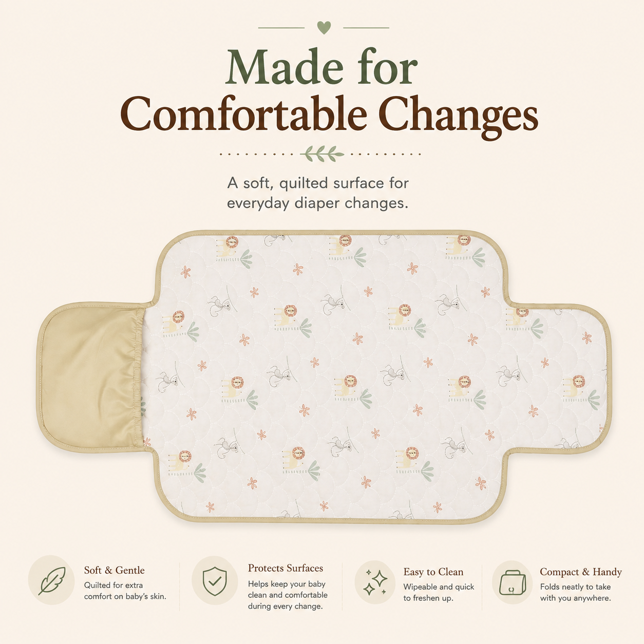 Open quilted baby changing mat with soft animal print surface designed for comfortable everyday diaper changes.