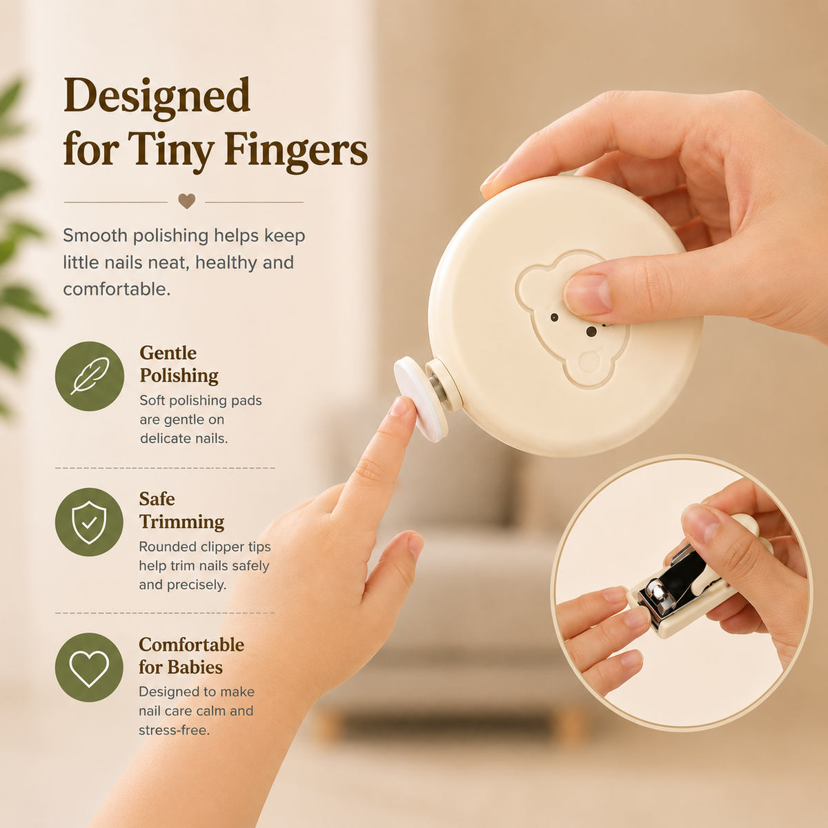 A close-up of hands using a small round nail clipper with a smooth beige plastic body and a bear face detail. The image includes marketing text on the left and a circular inset showing another close-up of the clipper in use.