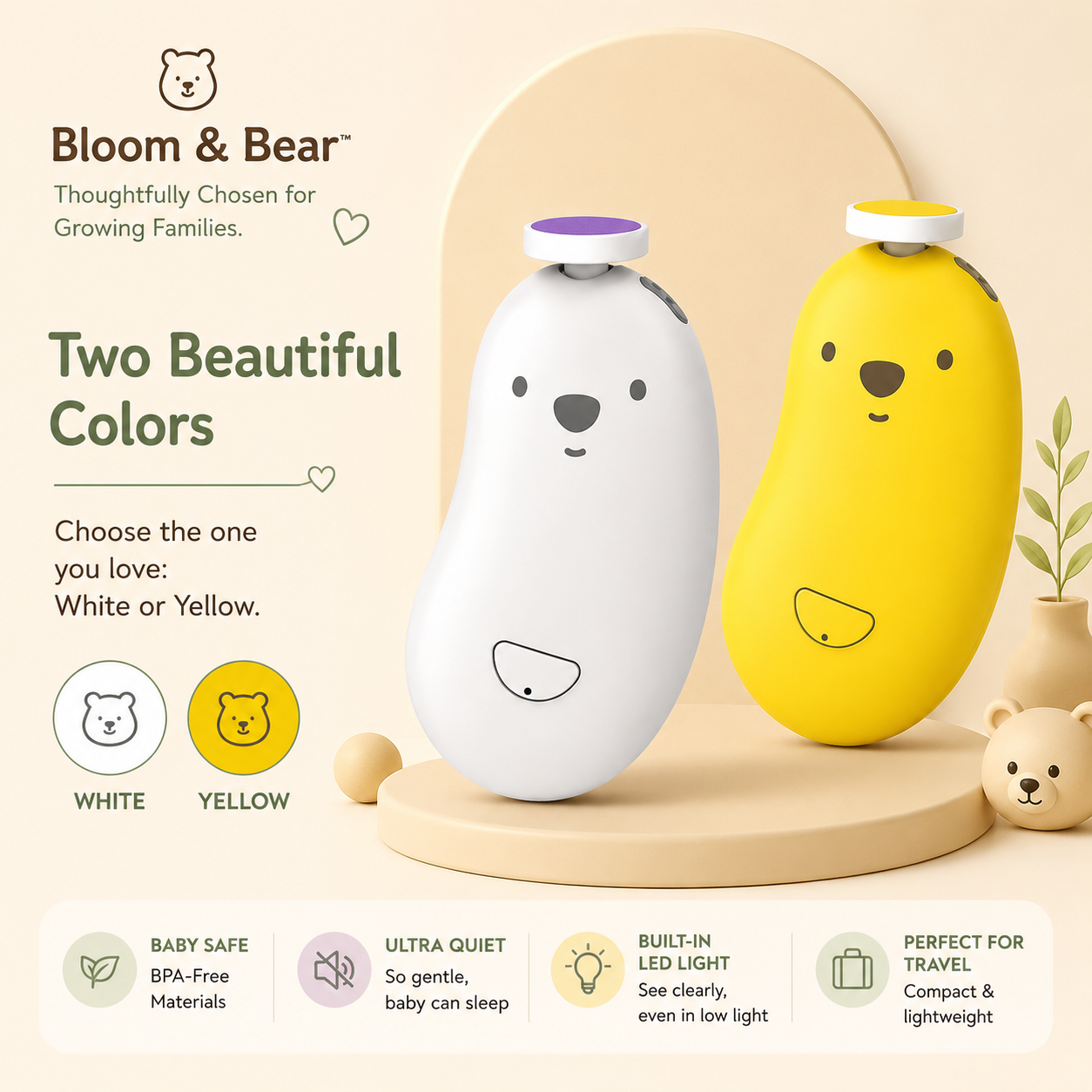 Rechargeable baby nail trimmer available in white and yellow