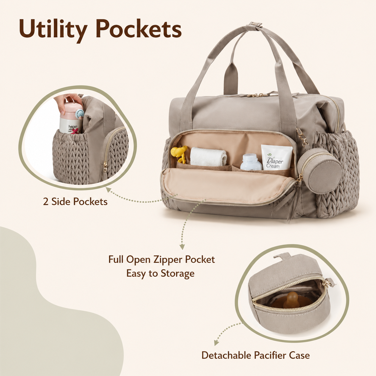 Baby diaper bag featuring side bottle pockets, full-opening zipper compartment, and detachable pacifier case for convenient organization.