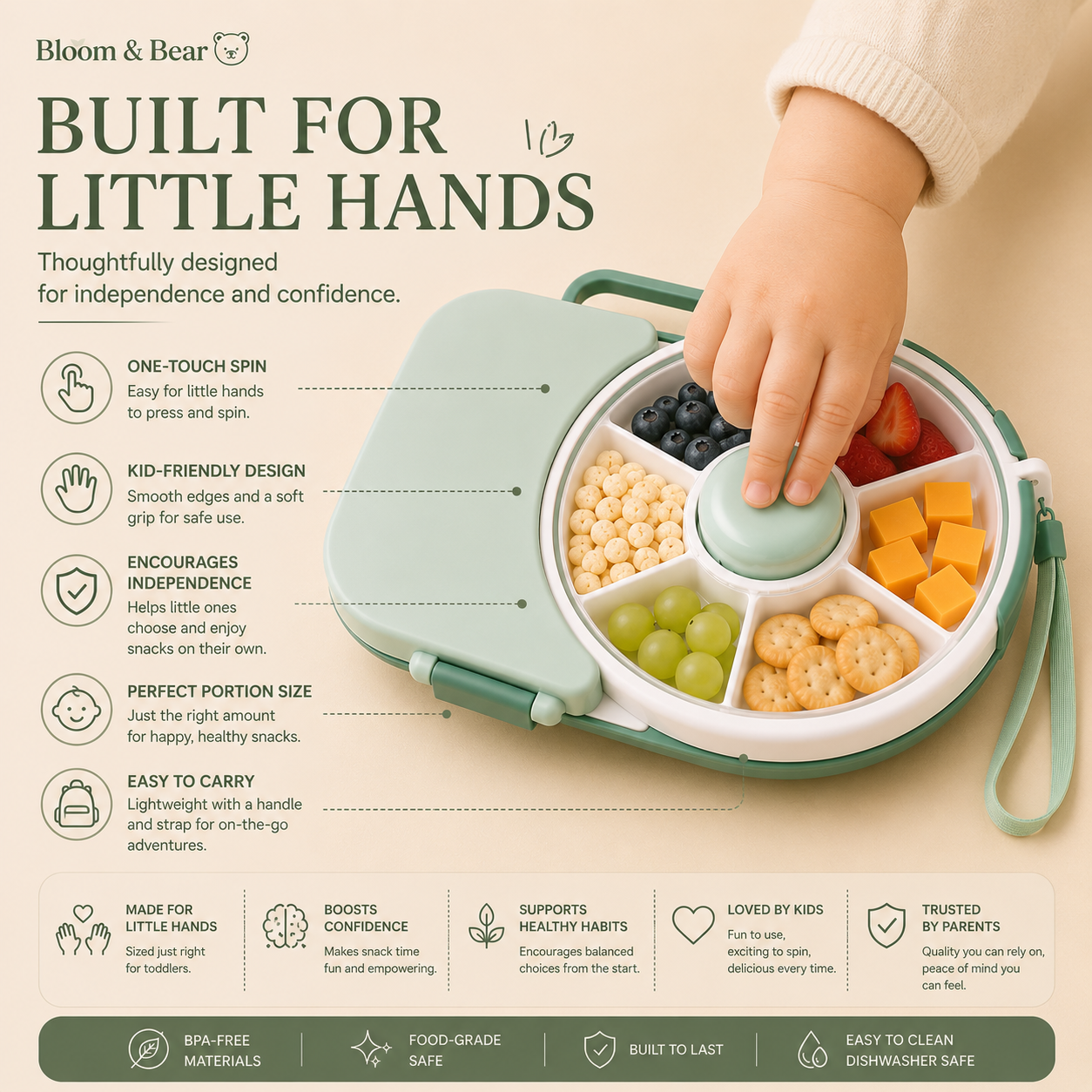 Toddler-friendly snack spinner designed to support independent eating and fine motor skills.