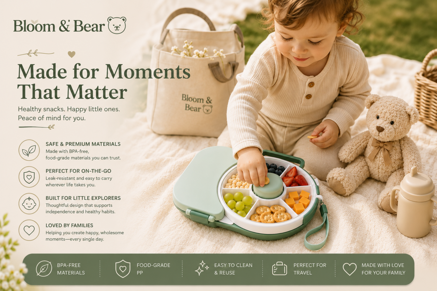 Bloom & Bear snack spinner helping growing families enjoy healthy snacks at home and on the go.