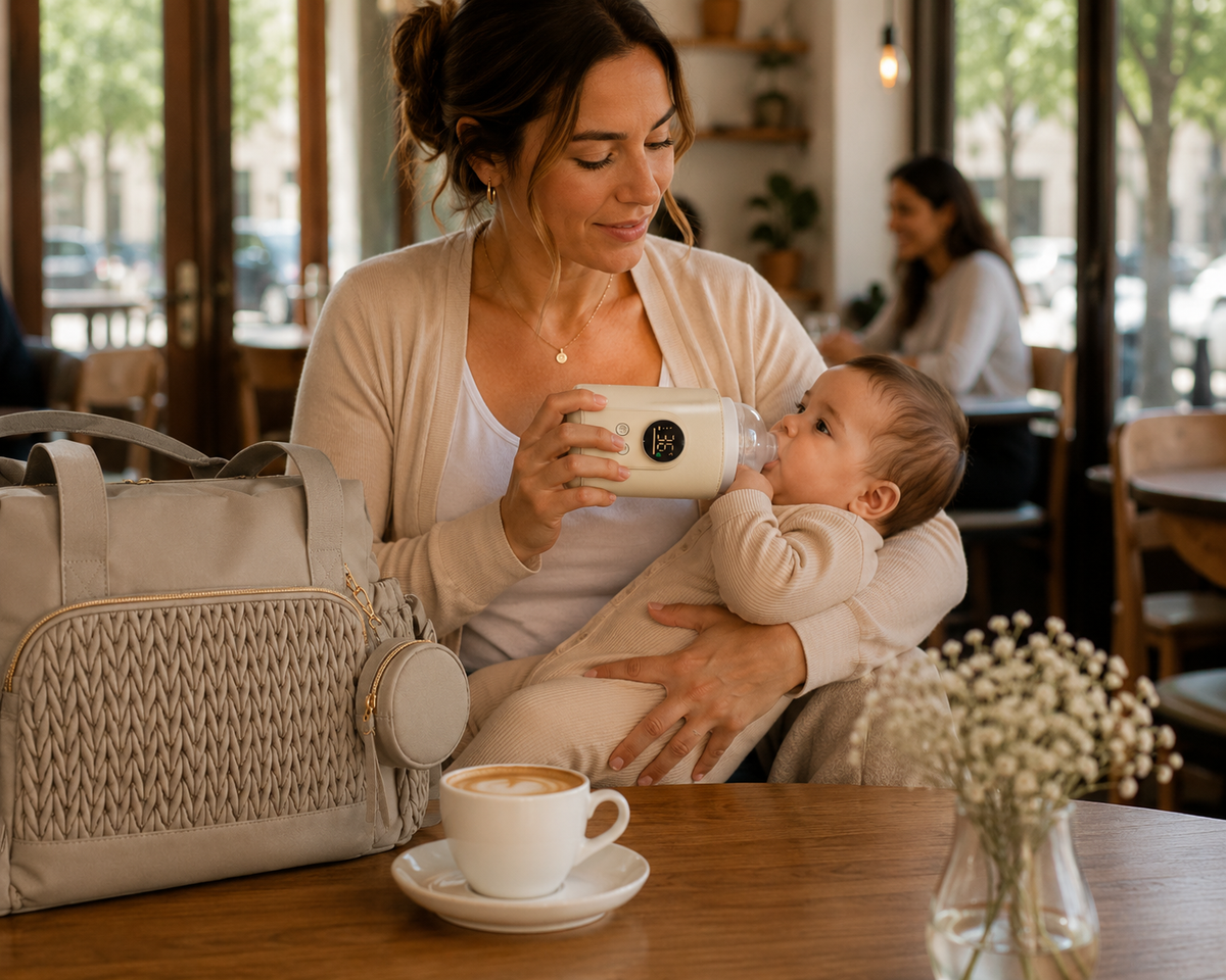 A woman in a cafe holds a baby while using a white breast pump. A light beige textured diaper bag sits on the table next to a cup of coffee, with a vase of baby's breath in the foreground.