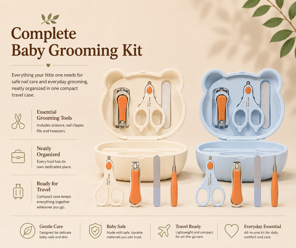 Bloom & Bear baby grooming kit shown in cream and light blue bear-shaped travel cases with essential nail care tools, organized storage, and travel-friendly design.
