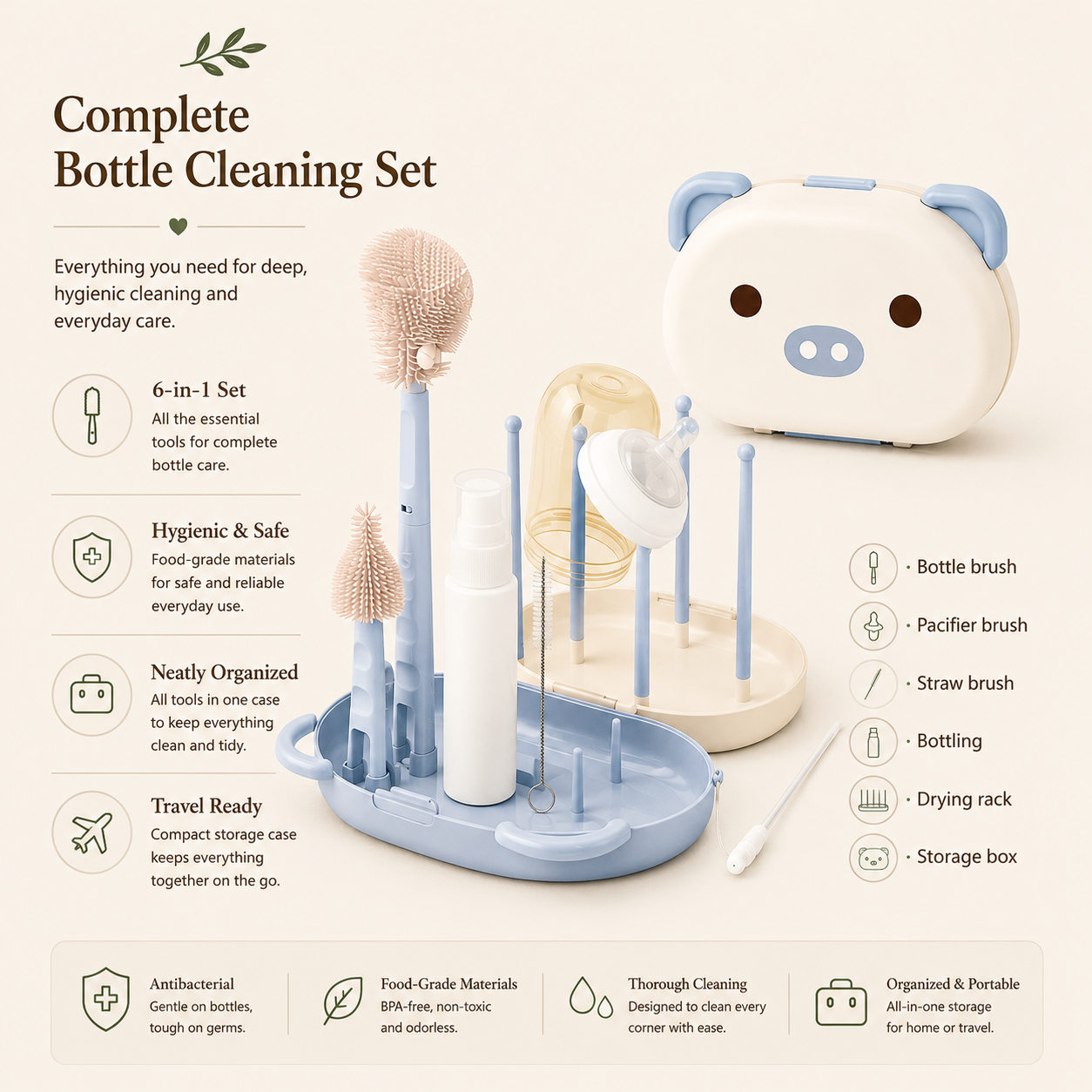Dusty blue baby bottle cleaning set with bottle brush, pacifier brush, straw brush, drying rack and storage case