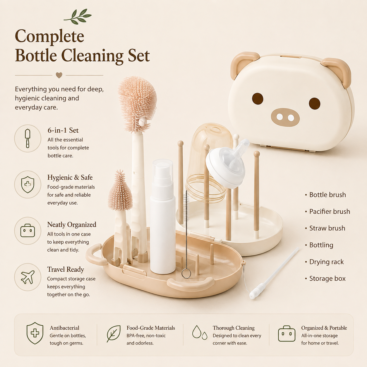 Beige baby bottle cleaning set with bottle brush, pacifier brush, straw brush, drying rack and storage case