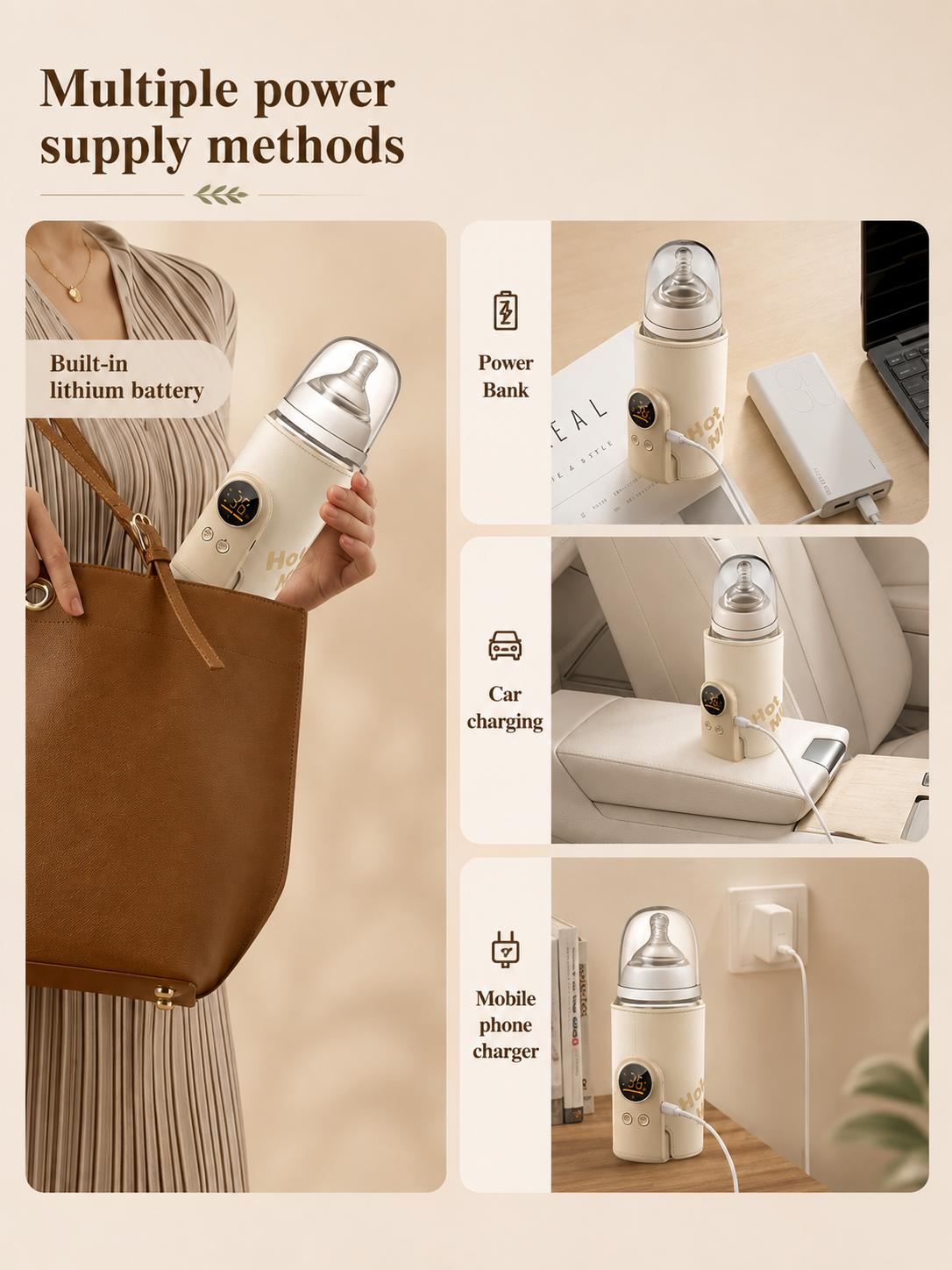 Multiple Power Supply: Rechargeable baby bottle warmer with portable charging options for travel