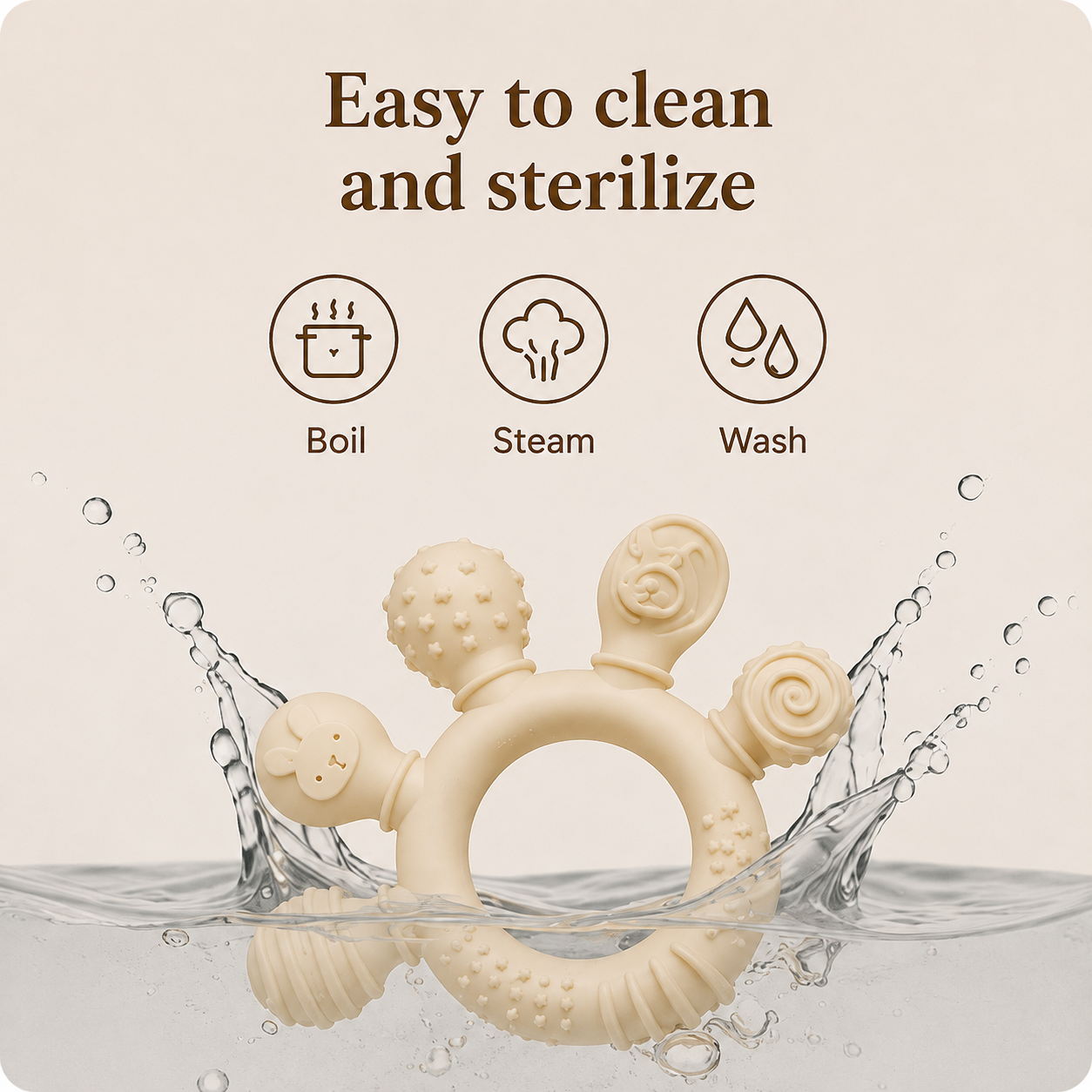 Cream silicone baby teether shown with boil, steam and wash cleaning methods.