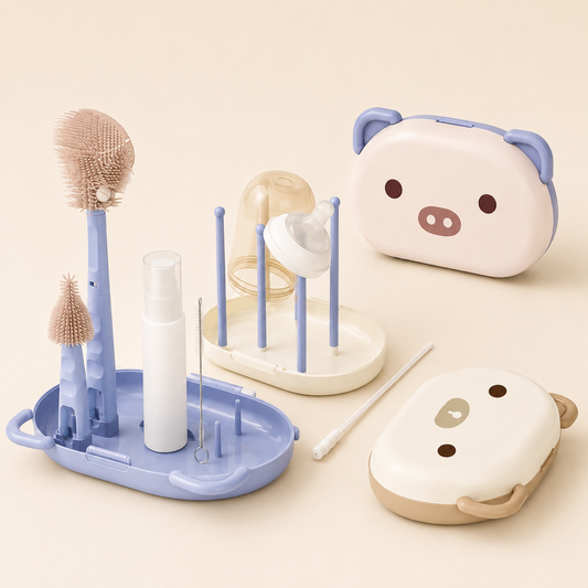 Premium baby bottle brush set with drying rack and portable storage case