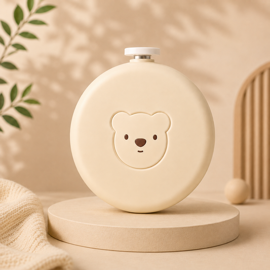 Bloom & Bear baby nail care kit in a compact bear-shaped storage case with six polishing pads and a safe nail trimmer for newborns and toddlers.