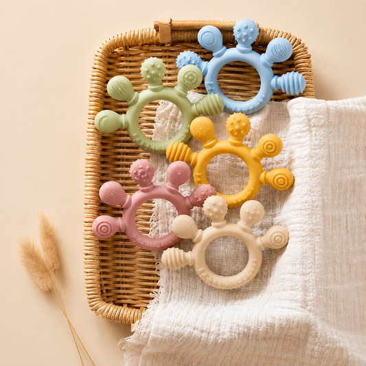 Pastel silicone baby teethers in sage green, yellow, blush pink, cream and dusty blue arranged in a woven basket, showing multiple textured surfaces.