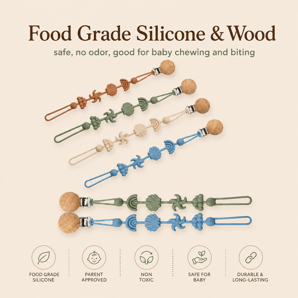 Silicone and wooden pacifier clips shown in beige, cameo brown, dusty blue and sage green with natural wood clips and ocean-inspired shapes.