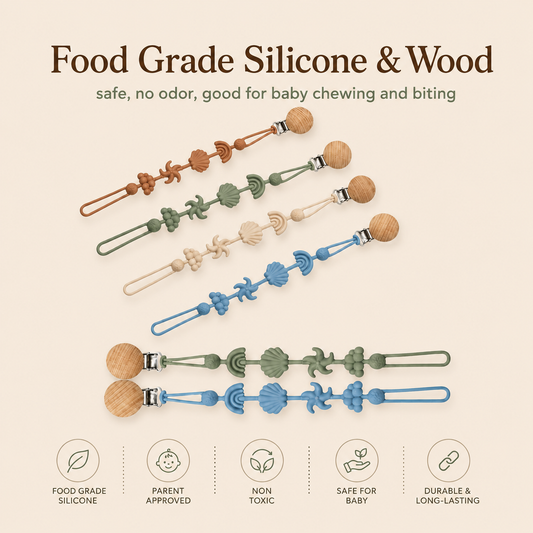Silicone and wooden pacifier clips shown in beige, cameo brown, dusty blue and sage green with natural wood clips and ocean-inspired shapes.