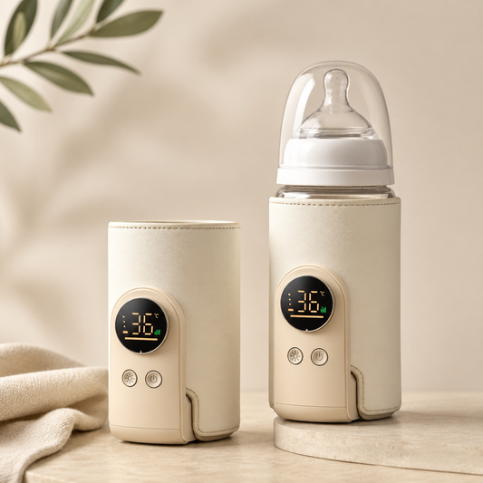 Portable baby bottle warmer with digital temperature display in cream design