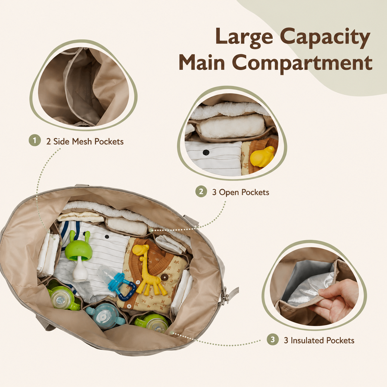 Spacious diaper bag interior with insulated bottle pockets, mesh compartments, and multiple storage sections for organized baby essentials.