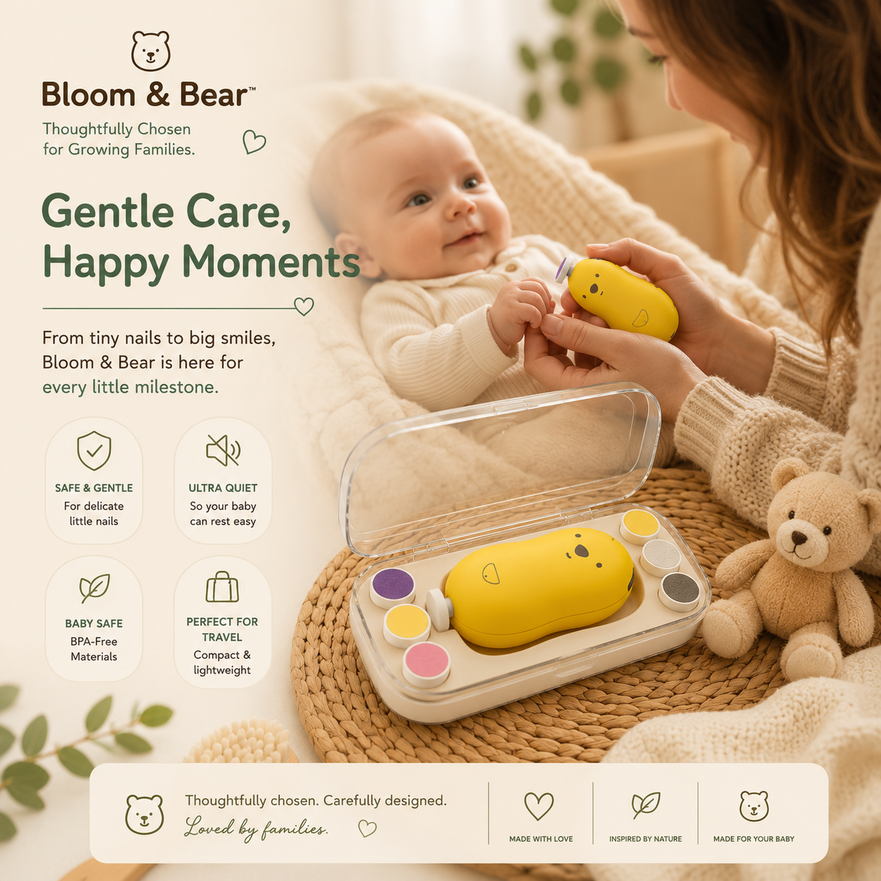 Parent using Bloom & Bear rechargeable nail trimmer for gentle baby nail care