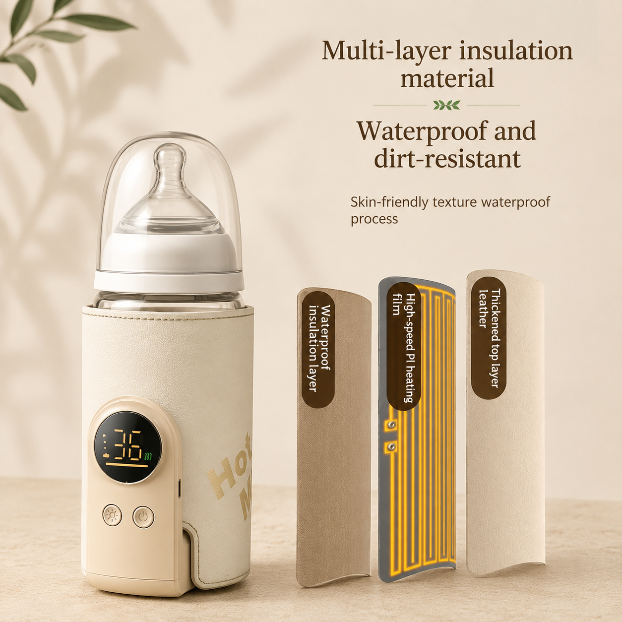 Baby bottle warmer with multi-layer waterproof and dirt-resistant insulation