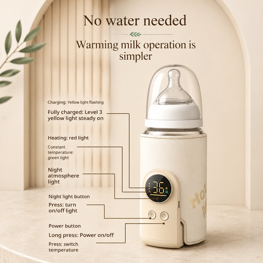 A warm cream-colored electric bottle warmer with a digital display and clear protective cap, shown with callout lines and text explaining charging, heating, and night light features on a beige background. Portable baby bottle warmer with water-free heating and digital temperature controls