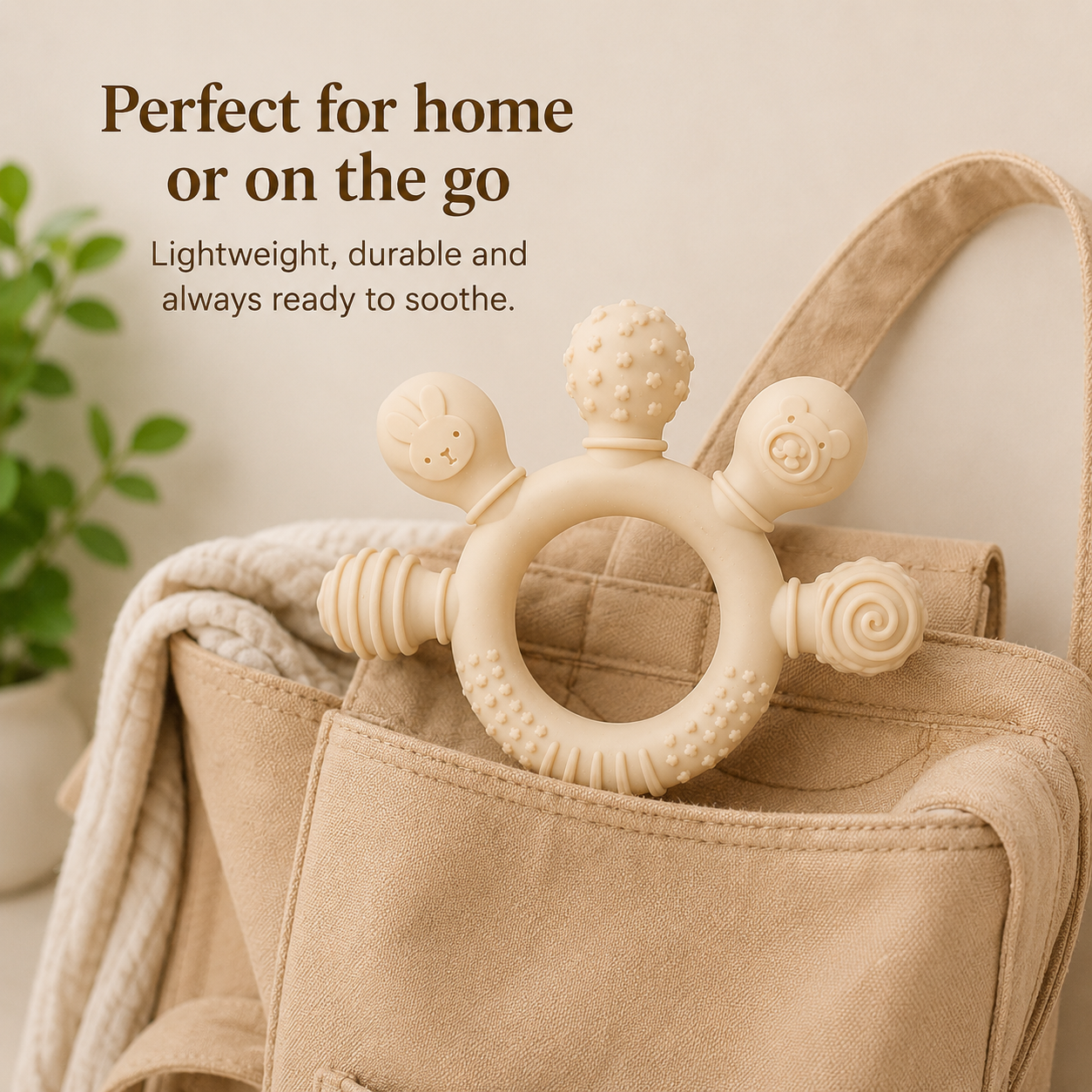 Cream silicone baby teether placed in a diaper bag, showing its lightweight and portable design for travel and everyday use.