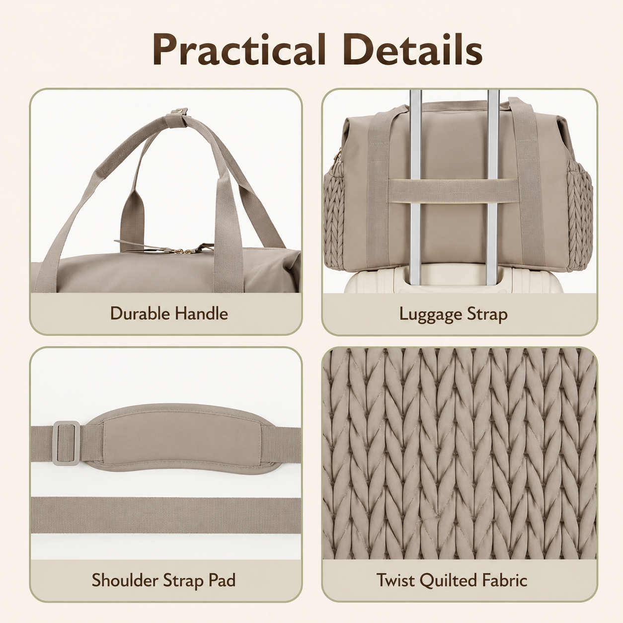 Premium diaper bag with reinforced handles, luggage sleeve, padded shoulder strap, and quilted fabric construction.