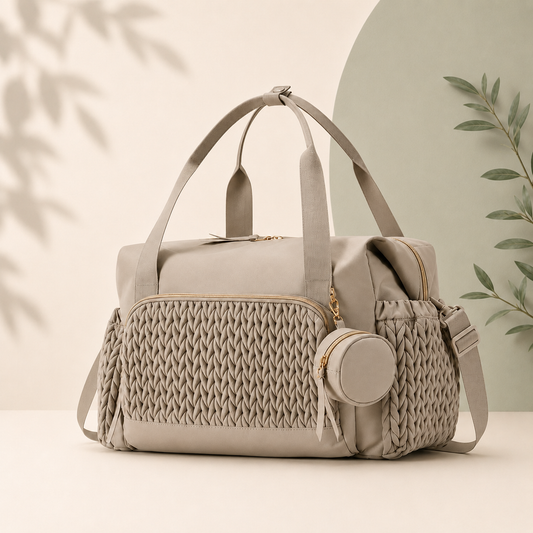 Premium quilted diaper bag in taupe with large storage compartment