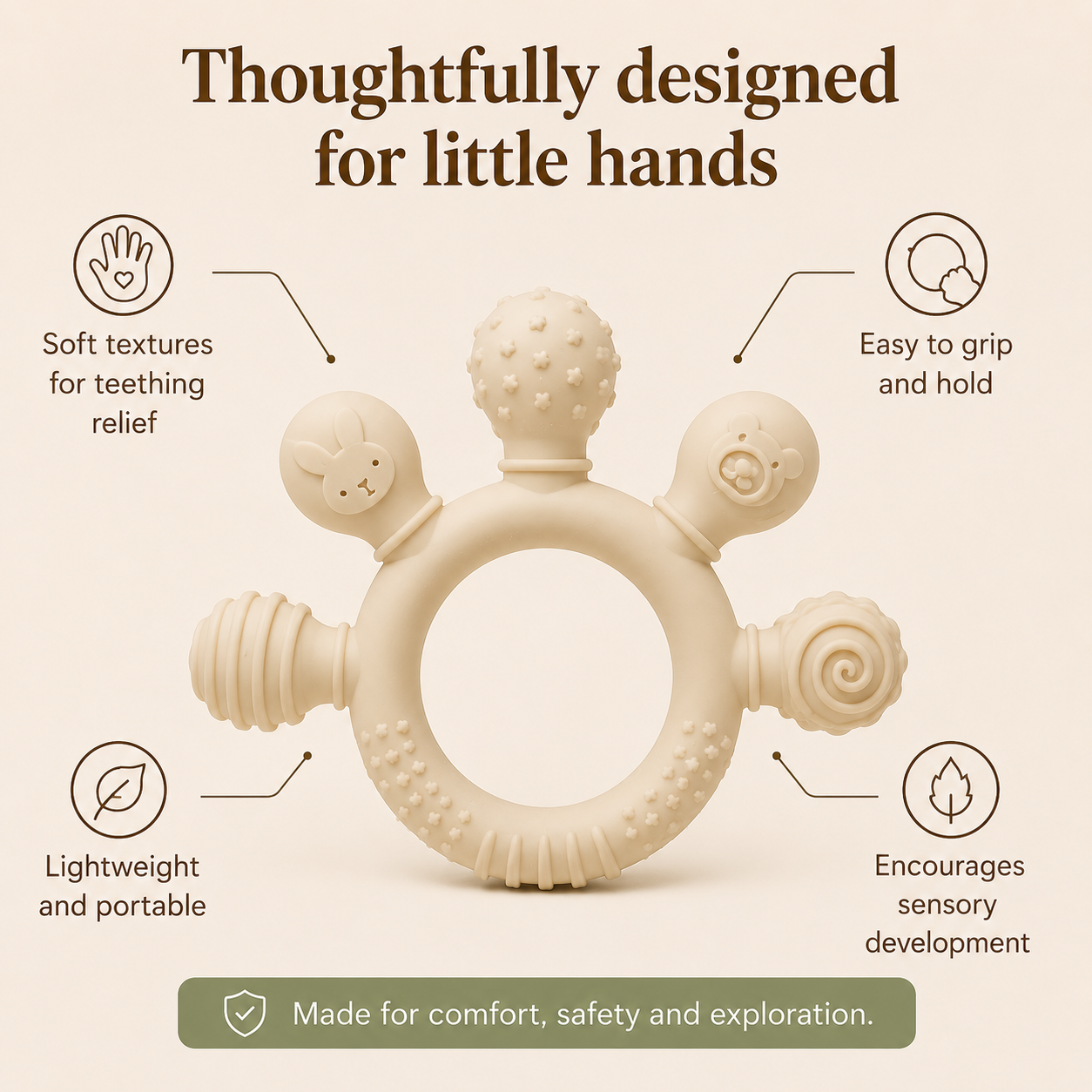 Cream silicone baby teether with textured surfaces, lightweight ring shape and easy-to-hold design for little hands.