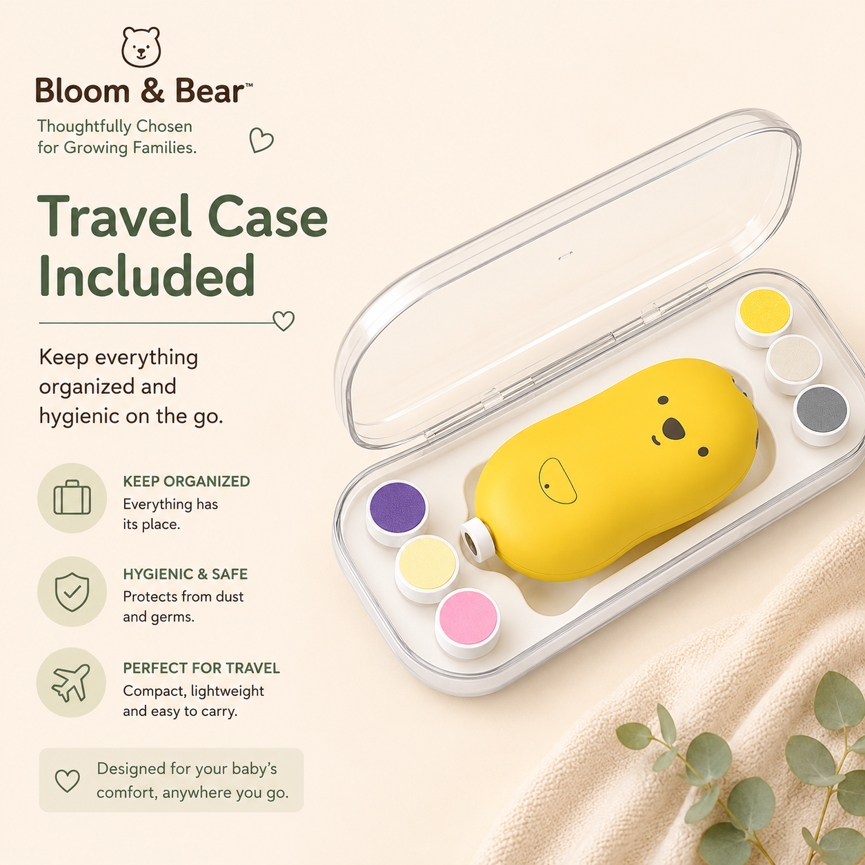 Portable baby nail trimmer stored inside protective travel case